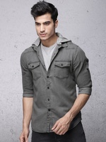 Men Grey Slim Fit Solid Hooded Casual Shirt