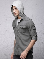 Men Grey Slim Fit Solid Hooded Casual Shirt