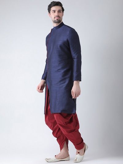 Men Navy Blue & Red Solid Kurta with Patiala