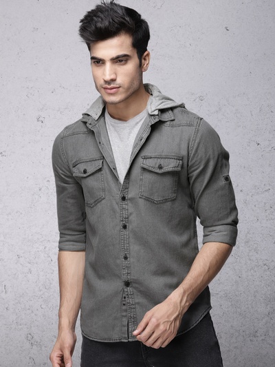 Men Grey Slim Fit Solid Hooded Casual Shirt