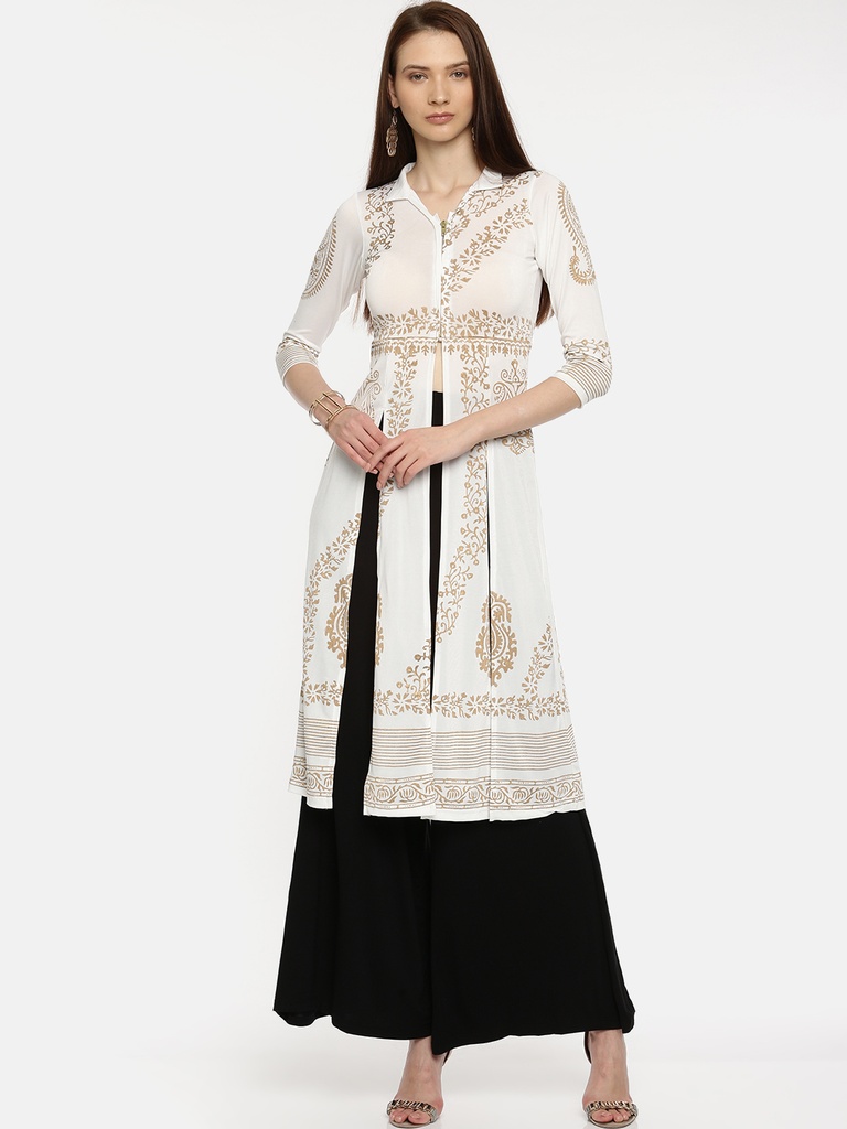 Women White Printed Open Front Jacket